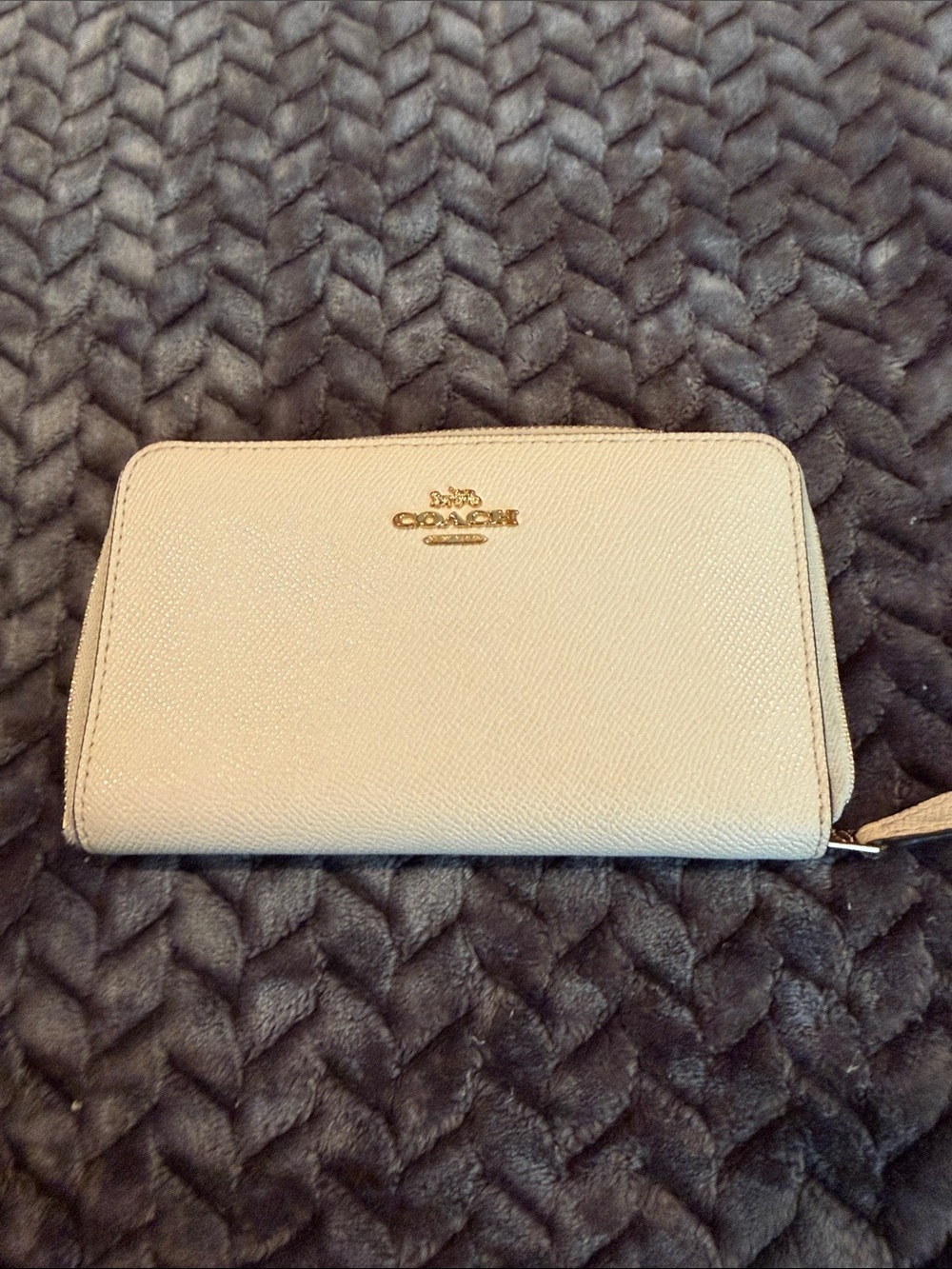 Coach Light Beige Zip-Around Saffiano Leather Wallet with Gold Logo